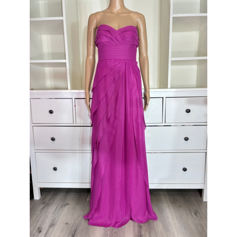 Cache Gown Women 0 Magenta Strapless Tiered Ruffle Chiffon Formal vintage Dress